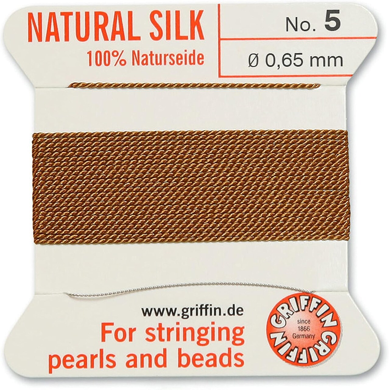 Griffin Silk Bead Cord Perlseide – Size 5 (0.65mm) – 2 Meters per Card – Stainless Steel Needle Attached – for Knotting Pearls, Gemstones, Crystals and Beads